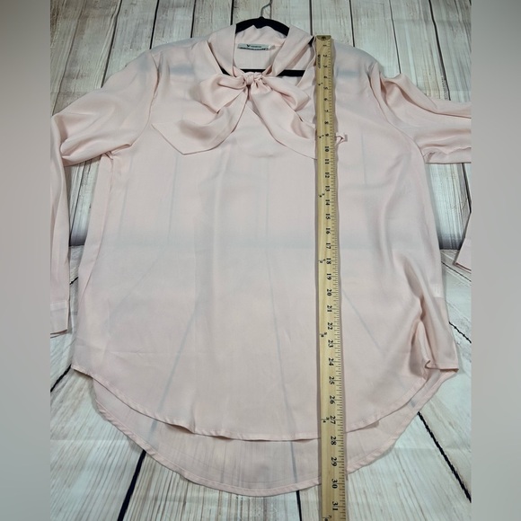 Elegant Blush Pink Sheer Long Sleeve Blouse with Bow Tie at Neckline. - Picture 6 of 8